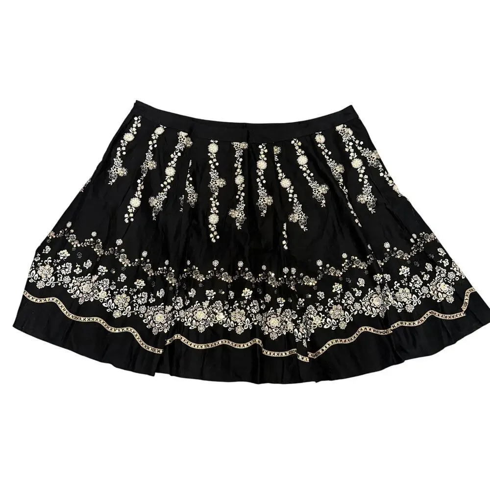 Venezia Black Floral Sequin Beaded Mini Skirt 26 Cotton Cottagecore Summer Plus